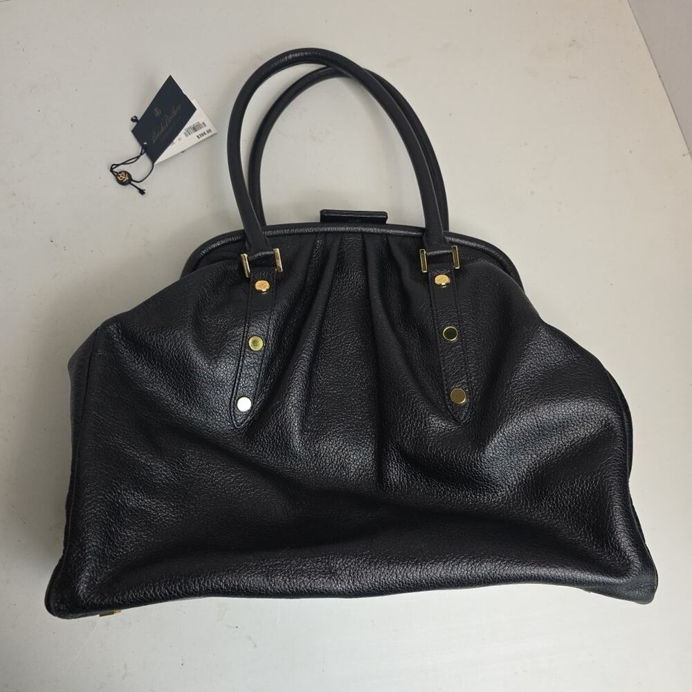 Brooks Brothers Black Leather Satchel Purse, Gold Accents, Snap Top, Handles